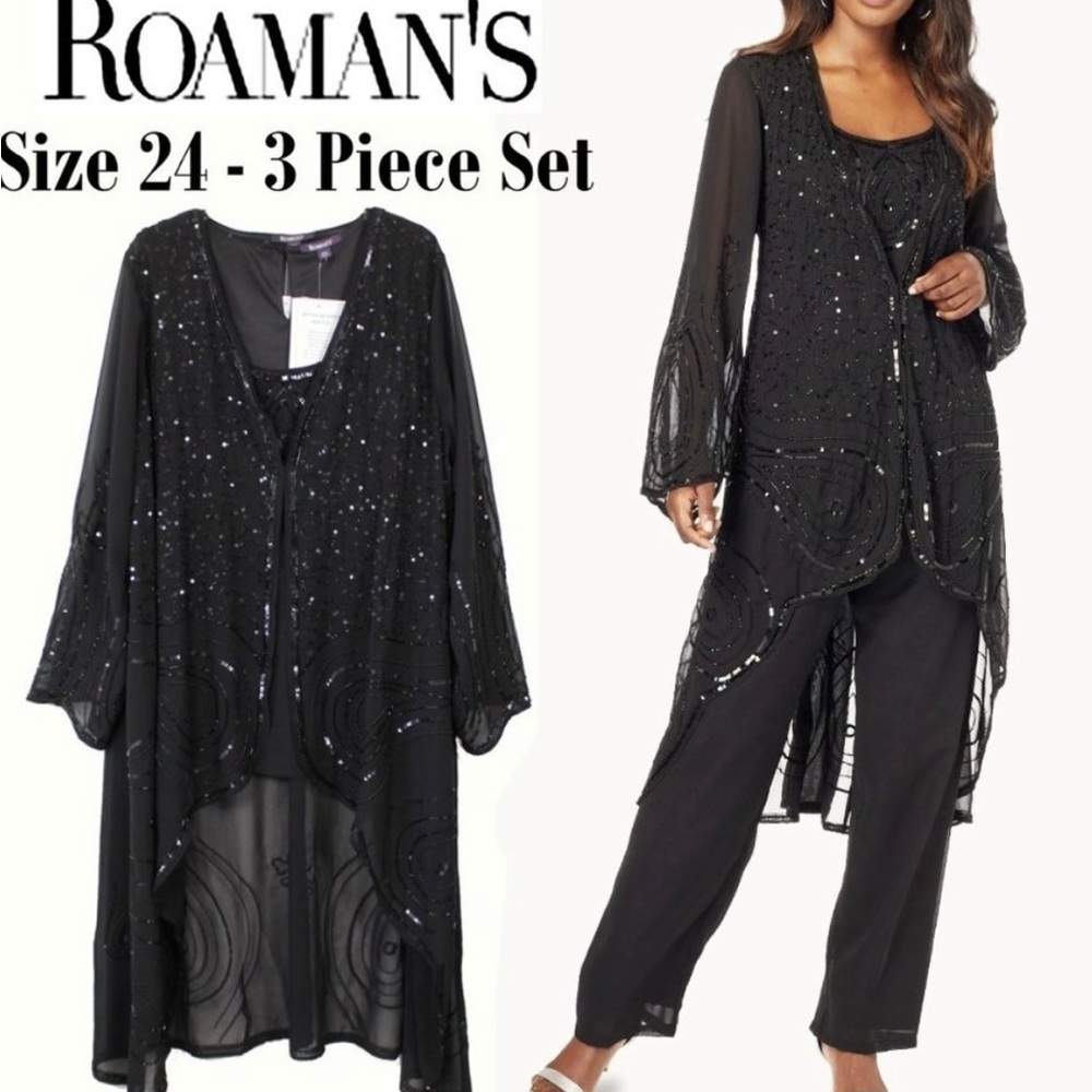 NWT Plus Roaman's Formal Black Top Jacket & Pants Set Outfit Sz 24